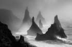 Sea stacks and ocean shore mist. (AI Generated) Art Print